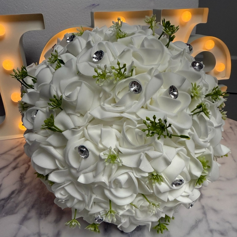 Elegant White Floral Bouquet with Rhinestones